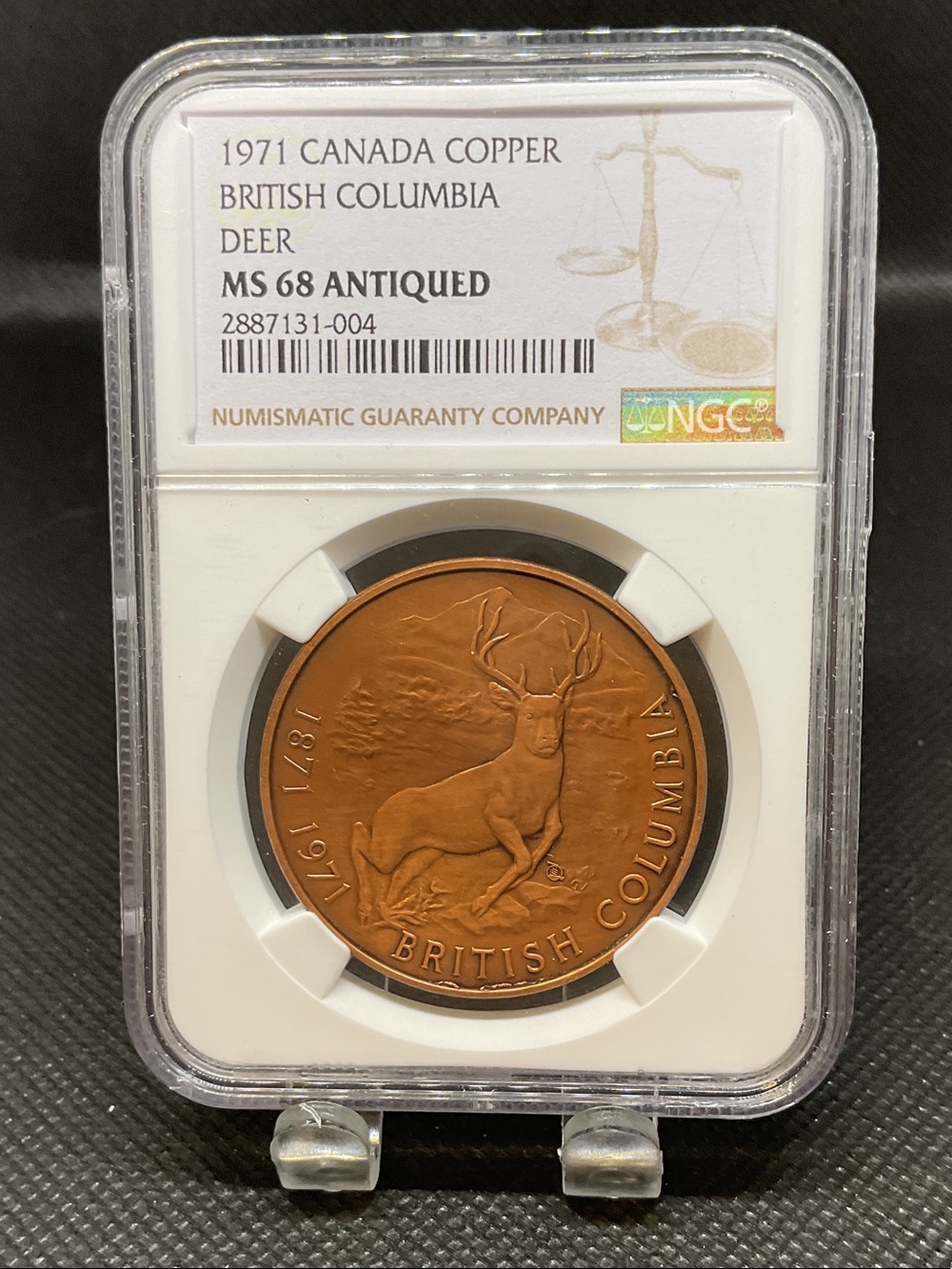 1971 British Columbia Deer Copper Medal - NGC MS68 Antiqued